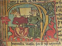 An illustration of Hákon, King of Norway, and his son Magnus, from Flateyjarbók