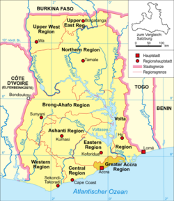 Map of Ghana showing the location of Accra.