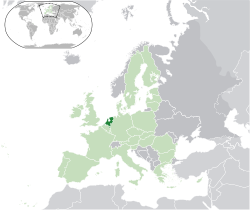 Location of the  Netherlands (dark green) – on the European continent (light green  dark grey) – in the European Union (light green)  —  [Legend]