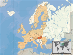 Location of  Hungary (dark green) – on the European continent (green  dark grey) – in the European Union (green)  —  [Legend]