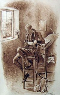 A drawing of a man sitting on a stool at a writing desk