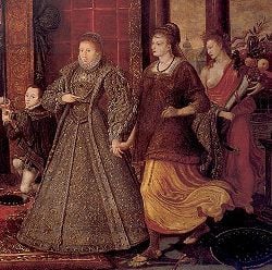 Elizabeth ushers in Peace and Plenty. Detail from the Family of Henry VIII: An Allegory of the Tudor Succession, c.1572, attributed to Lucas de Heere.